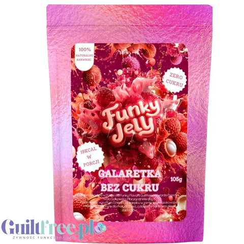 Opakowanie galaretki Guiltfree Funky Jelly o smaku liczi, bez cukru, z naturalnymi barwnikami, 105g.