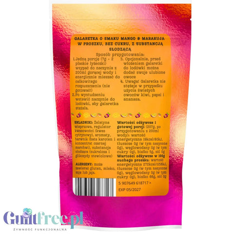 Opakowanie galaretki bez cukru Guiltfree Funky Jelly o smaku mango i marakui z informacjami o przygotowaniu i składzie