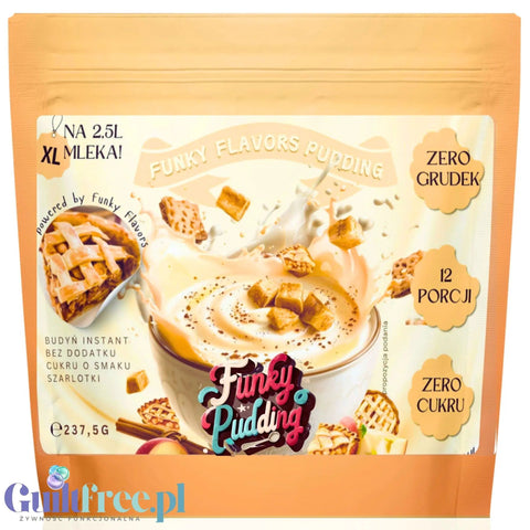 Opakowanie budyniu bez cukru Funky Pudding o smaku szarlotki z grafiką kremowego deseru z kawałkami jabłek i ciasta.