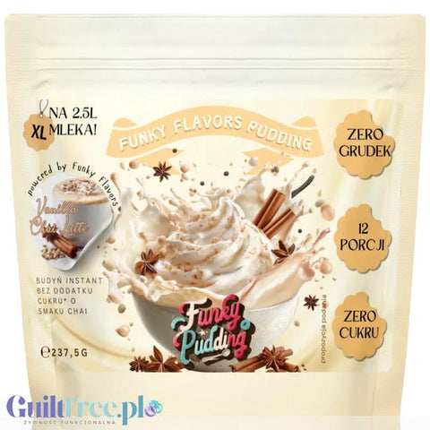 Opakowanie budyniu bez cukru Guiltfree Funky Pudding Vanilla Chai z grafiką kremowego deseru z przyprawami korzennymi.