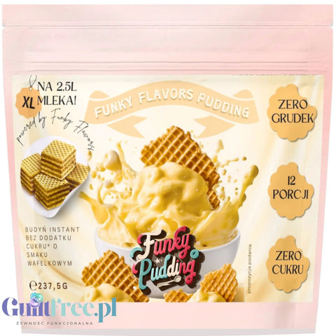 Opakowanie budyniu bez cukru Guiltfree Funky Pudding o smaku wafelkowym, 237,5g, z grafiką kremowego deseru i wafli.