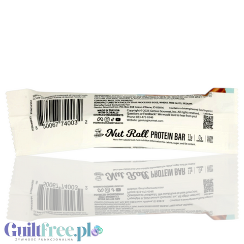 Tył opakowania batona proteinowego Genius Gourmet Nut Roll z masłem orzechowym Skippy dostępnego w Guiltfree