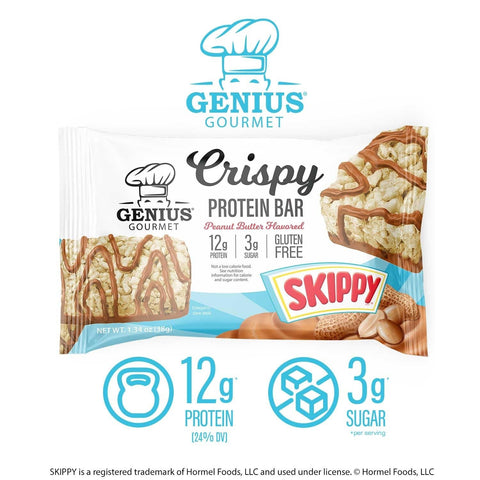 Guiltfree Genius Gourmet Crispy Protein Bar Skippy Peanut Butter w opakowaniu z grafiką orzeszków ziemnych