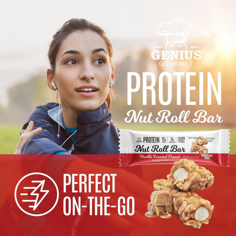 Guiltfree Genius Gourmet Protein Nut Roll Bar o smaku waniliowo-karmelowym z orzeszkami ziemnymi w dłoni biegaczki