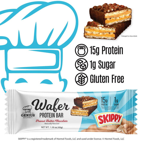 Guiltfree Genius Gourmet Wafer Protein Bar Skippy Peanut Butter Chocolate w opakowaniu z widocznym przekrojem wafla