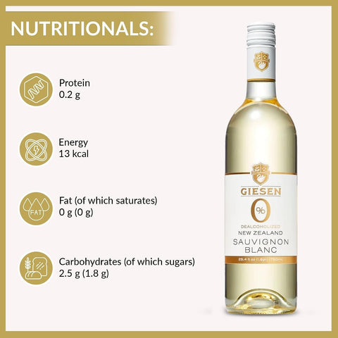 Butelka bezalkoholowego wina Guiltfree Giesen Sauvignon Blanc 0% z informacją o wartościach odżywczych na etykiecie