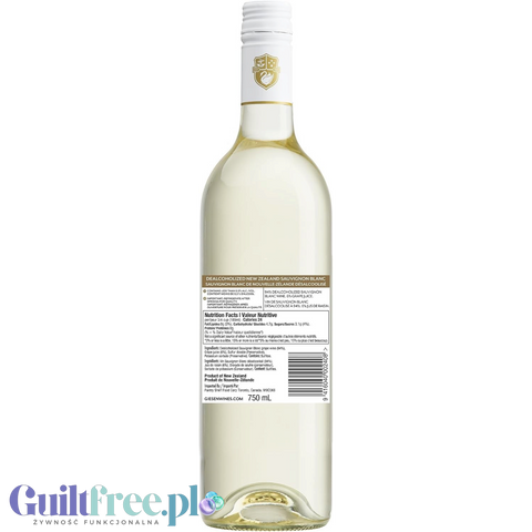Butelka bezalkoholowego wina Giesen Sauvignon Blanc 0% z etykietą informacyjną i wartościami odżywczymi