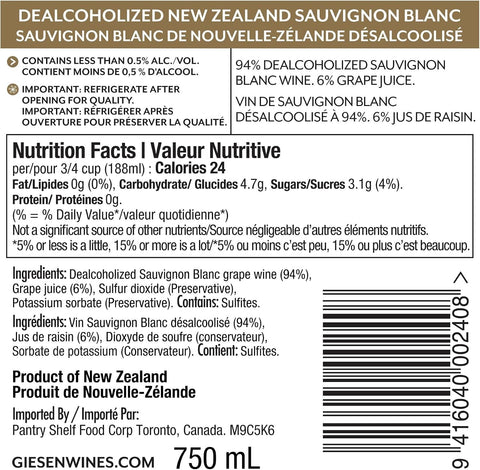 Etykieta z informacjami żywieniowymi wina bezalkoholowego Guiltfree Giesen Sauvignon Blanc 0% z Nowej Zelandii