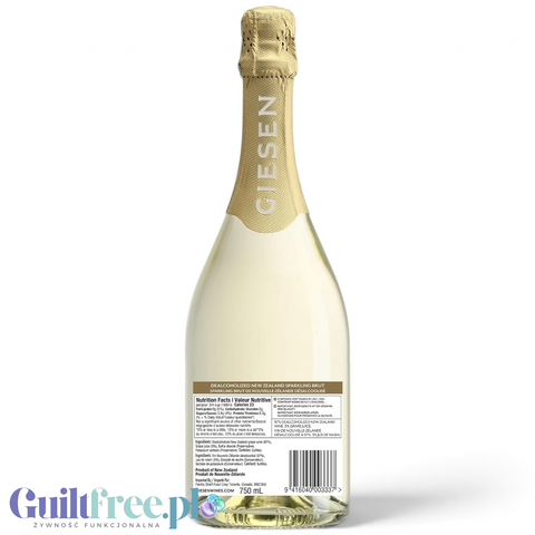 Butelka bezalkoholowego wina musującego Guiltfree Giesen Sparkling Brut z etykietą informacyjną na jasnym tle