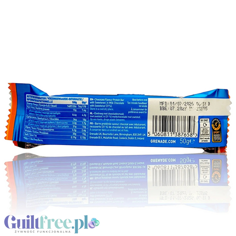 Tylna strona opakowania batona proteinowego Guiltfree Grenade Soft Core Double Chocolate z tabelą wartości odżywczych