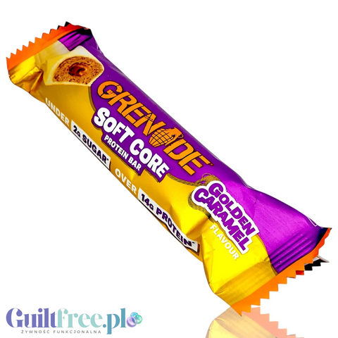 Baton proteinowy Guiltfree Grenade Soft Core Golden Caramel w opakowaniu z białą czekoladą i nadzieniem karmelowym
