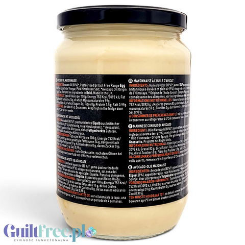 Szklany słoik Guiltfree Hunter & Gather Avocado Mayo z etykietą zawierającą skład produktu w wielu językach