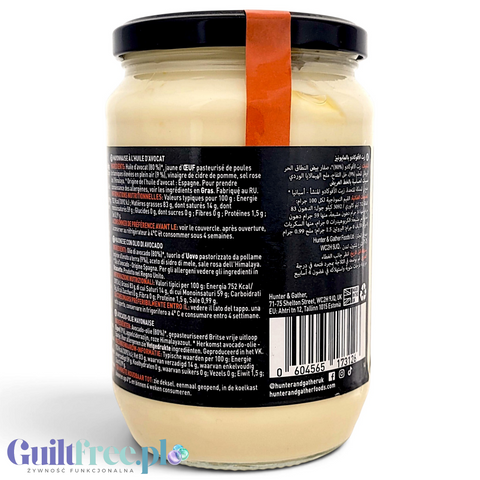 Tył słoika Guiltfree Hunter & Gather Avocado Mayo z etykietą zawierającą składniki i wartości odżywcze produktu
