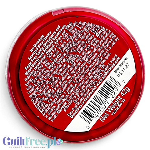 Guiltfree Ice Breakers Sours cukierki bez cukru o smaku truskawki i jagody w okrągłym czerwonym opakowaniu