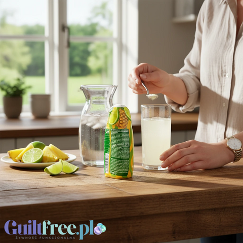 Koncentrat Guiltfree Inlead Squeeze Syrup Ipanema Sun w kuchni podczas przygotowywania orzeźwiającego napoju z lodem.