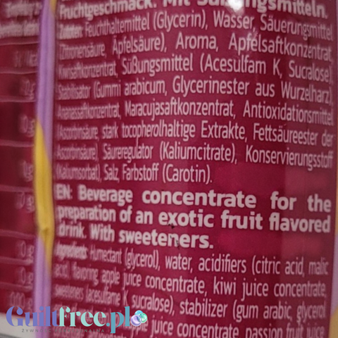Etykieta Guiltfree Inlead Squeeze Syrup Golden Exotic z listą składników koncentratu owocowego bez cukru
