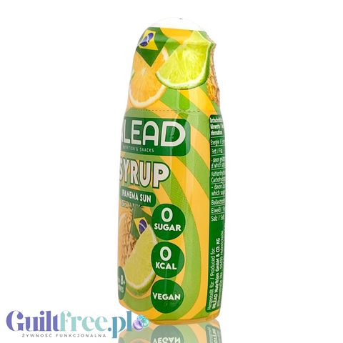 Butelka koncentratu Guiltfree Inlead Squeeze Syrup Ipanema Sun o smaku cytrusowo-tropikalnym bez cukru i kalorii.