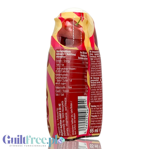 Butelka koncentratu Guiltfree Inlead Squeeze Syrup o smaku wiśni i banana, widok na etykietę z wartościami odżywczymi.