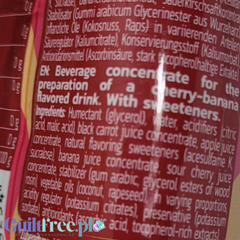 Etykieta Guiltfree Inlead Squeeze Syrup o smaku wiśni i banana z widocznym składem koncentratu bez cukru