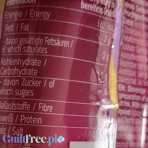 Etykieta Guiltfree Inlead Squeeze Syrup Golden Exotic z tabelą wartości odżywczych pokazującą zero cukru i kalorii
