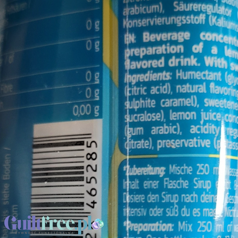 Etykieta koncentratu Guiltfree Inlead Squeeze Syrup o smaku mrożonej herbaty cytrynowej z widocznym składem i kodem kreskowym