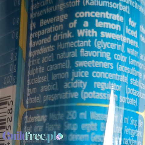 Etykieta Guiltfree Inlead Squeeze Syrup z opisem składu koncentratu o smaku mrożonej herbaty cytrynowej bez cukru