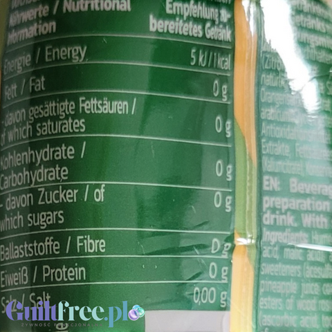 Tabela wartości odżywczych na etykiecie koncentratu Guiltfree Inlead Squeeze Syrup Ipanema Sun bez cukru