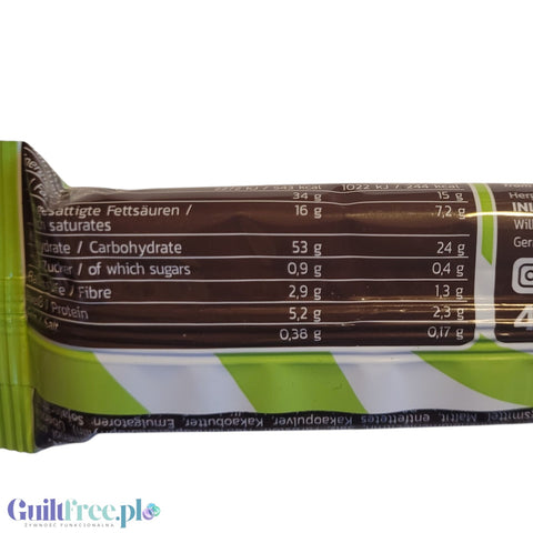 Tabela wartości odżywczych na opakowaniu wegańskiego wafelka pistacjowego Inlead Wafer Bar od Guiltfree