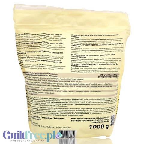 Opakowanie Guiltfree Intenson Erytrol 1kg z informacjami o produkcie i tabelą wartości odżywczych na odwrocie