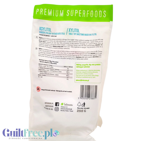 Tył opakowania Guiltfree Intenson Ksylitol 250g z informacjami o produkcie, składzie i wartościach odżywczych.