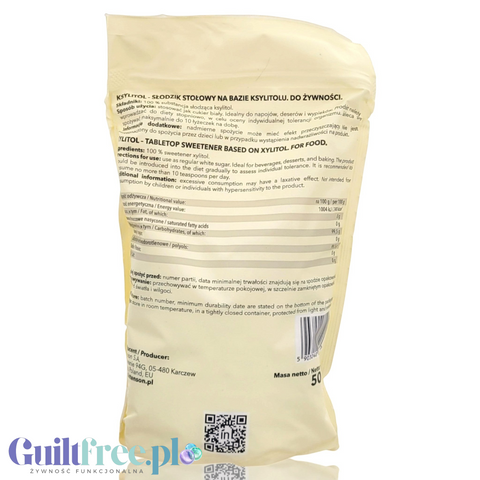 Tylna strona opakowania Guiltfree Intenson Ksylitol 500g z tabelą wartości odżywczych i informacjami o produkcie