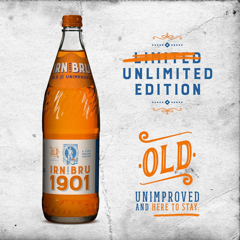 Szklana butelka Guiltfree Irn Bru 1901 o pomarańczowym kolorze z etykietą w stylu vintage na jasnym tle