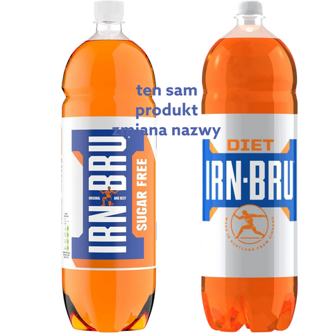 Butelki Guiltfree Irn Bru Diet 2L z pomarańczowym napojem gazowanym bez cukru w nowej i starej szacie graficznej