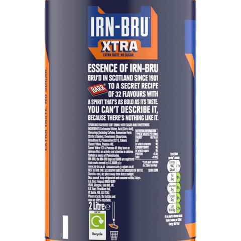 Guiltfree Irn Bru Xtra 2L napój gazowany bez cukru w plastikowej butelce z etykietą w kolorze niebieskim i pomarańczowym