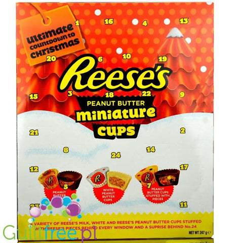 Guiltfree kalendarz adwentowy Reese's z 24 okienkami, pomarańczowe opakowanie z czekoladowymi miseczkami z masłem orzechowym