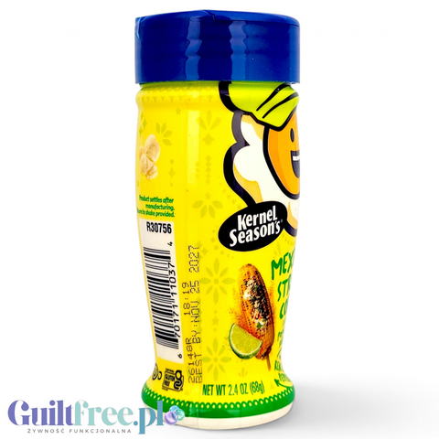 Guiltfree Kernel Season's Mexican Street Corn, przyprawa do popcornu w żółtej butelce z motywem kukurydzy i limonki