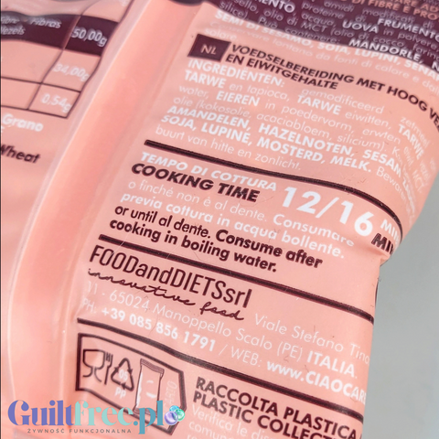 Opakowanie makaronu Guiltfree Keto One Sedani z widoczną tabelą wartości odżywczych i czasem gotowania 12-16 minut