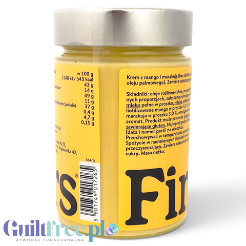 Guiltfree Finer Eaters krem z mango i marakują w szklanym słoiku z widocznym składem i wartościami odżywczymi