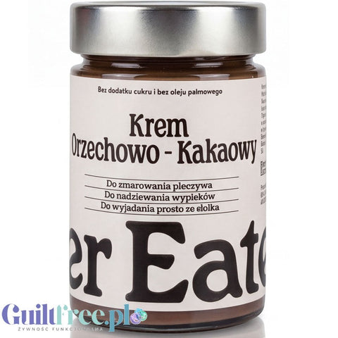 Słoik kremu orzechowo-kakaowego Guiltfree Finer Eaters bez cukru i oleju palmowego z etykietą w stylu minimalistycznym