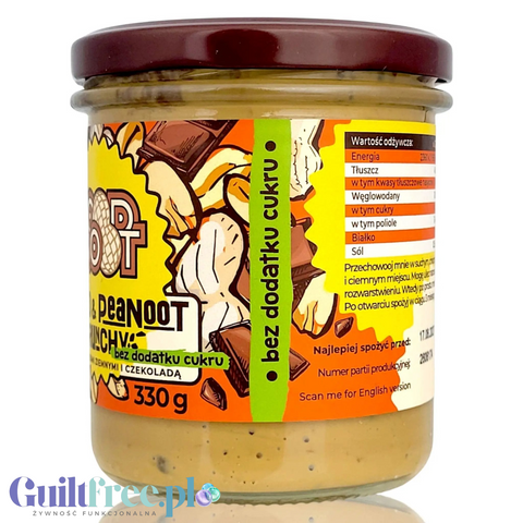 Słoik kremu orzechowo-czekoladowego Good Noot Choco & Peanoot Crunchy od Guiltfree z etykietą bez dodatku cukru.