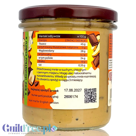 Etykieta z wartościami odżywczymi kremu Guiltfree Good Noot Choco & Peanoot Crunchy w słoiku