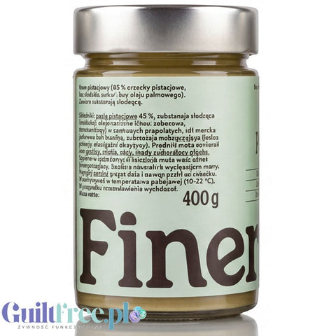 Słoik kremu pistacjowego Guiltfree Finer Eaters 400g z etykietą zawierającą skład i informacje o produkcie.