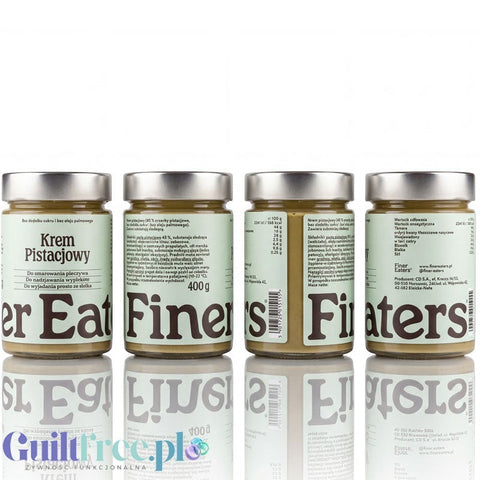 Cztery słoiki kremu pistacjowego Guiltfree Finer Eaters 400g z etykietami pokazującymi skład i informacje o produkcie.