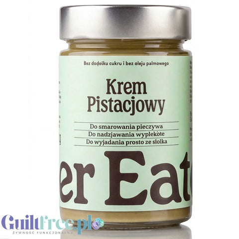 Słoik kremu pistacjowego Finer Eaters z 45% zawartością pistacji, bez cukru i oleju palmowego, na białym tle.