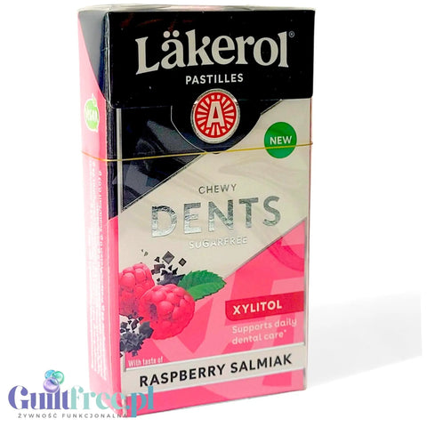 Opakowanie Guiltfree Läkerol Chewy Dents o smaku malinowo-lukrecjowym, bezcukrowe pastylki z ksylitolem