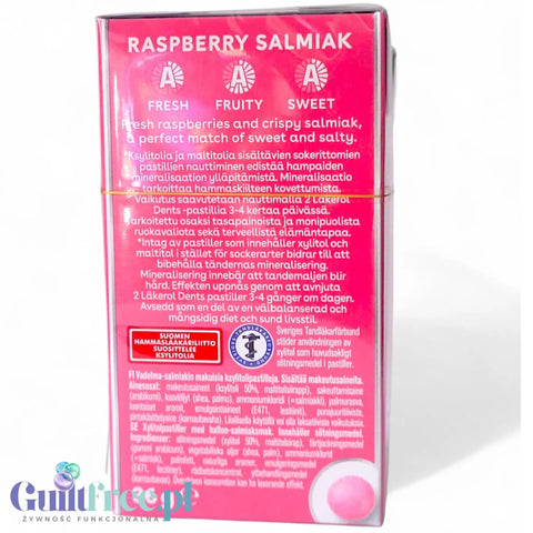 Tył opakowania pastylek Guiltfree Läkerol Chewy Dents o smaku malinowo-lukrecjowym z informacjami o składzie