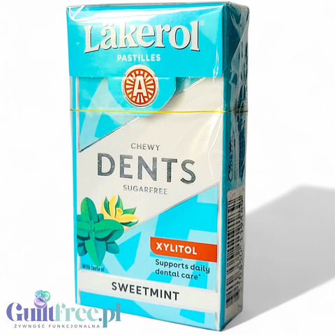 Opakowanie bezcukrowych pastylek miętowych Guiltfree Läkerol Dents Sweetmint z 50% zawartością ksylitolu