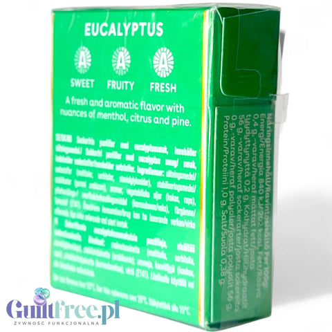 Guiltfree Läkerol Eucalyptus bezcukrowe pastylki eukaliptusowe w małym zielonym pudełku z informacjami o składzie