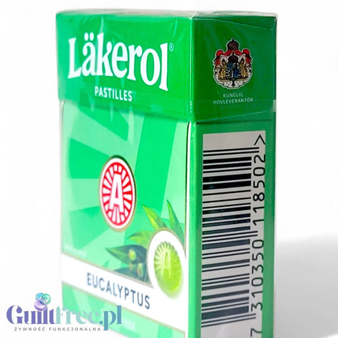 Guiltfree Läkerol Eucalyptus bezcukrowe pastylki eukaliptusowe w małym zielonym opakowaniu z logo szwedzkiego dworu