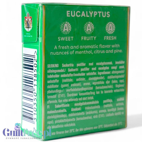 Guiltfree Läkerol Eucalyptus bezcukrowe pastylki eukaliptusowe w zielonym opakowaniu z informacjami o składzie